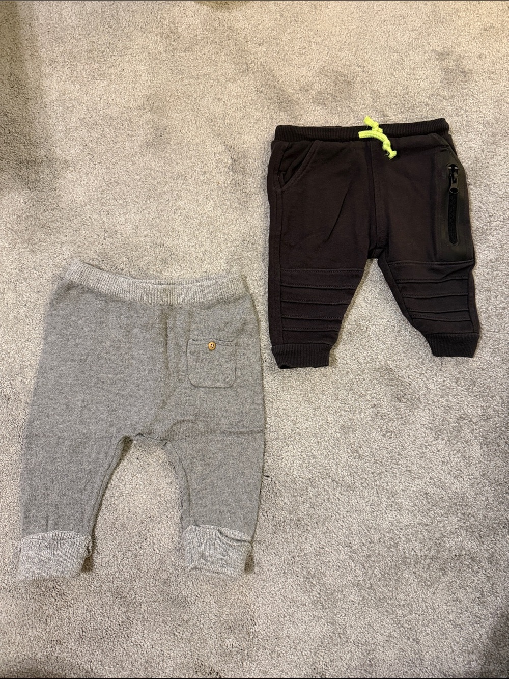 TWO PAIR 3-6m Zara Black Joggers with Neon Yellow Drawstring & Gray Knit Pants